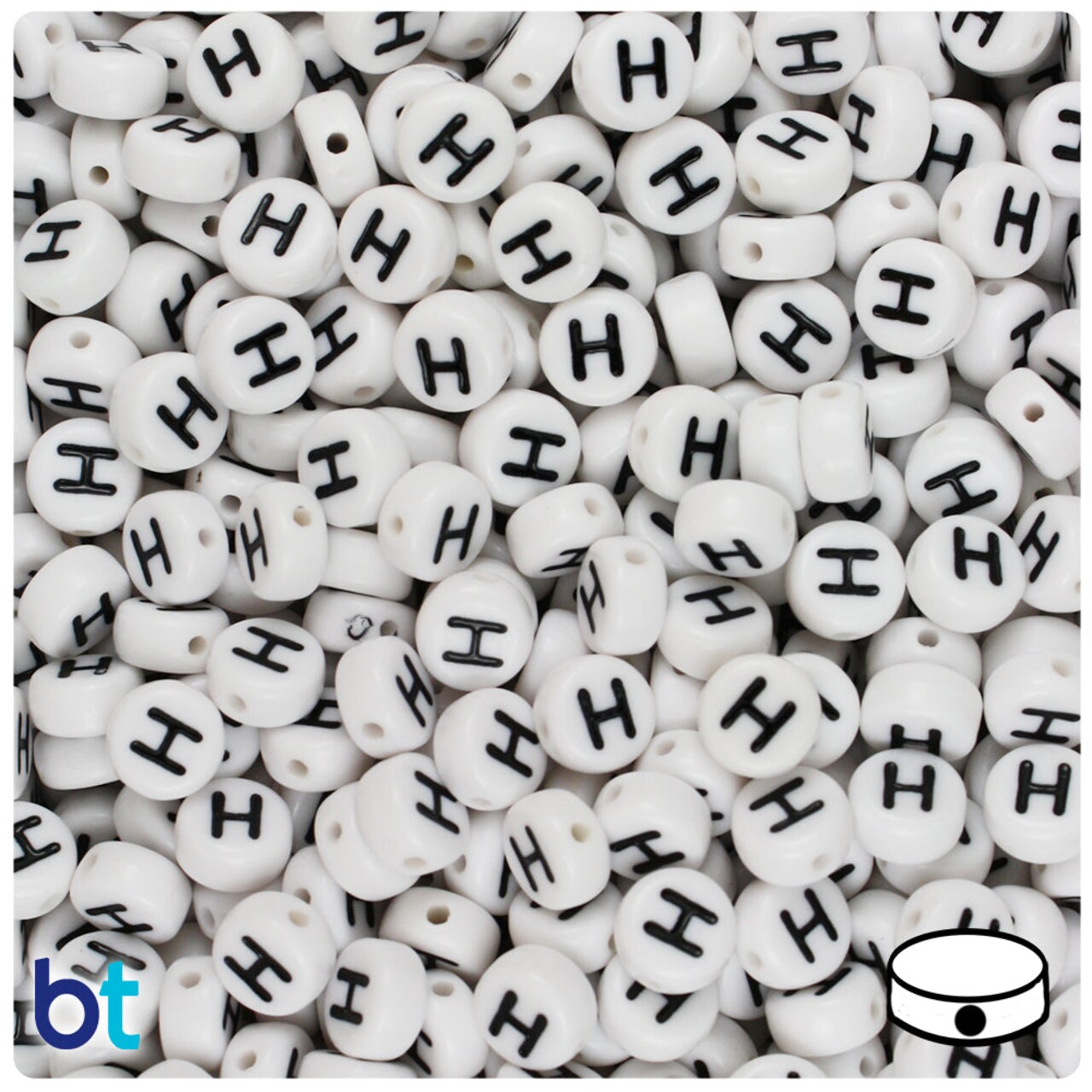 BeadTin White Opaque 7mm Coin Plastic Alpha Beads - Black Letter H (100pcs)